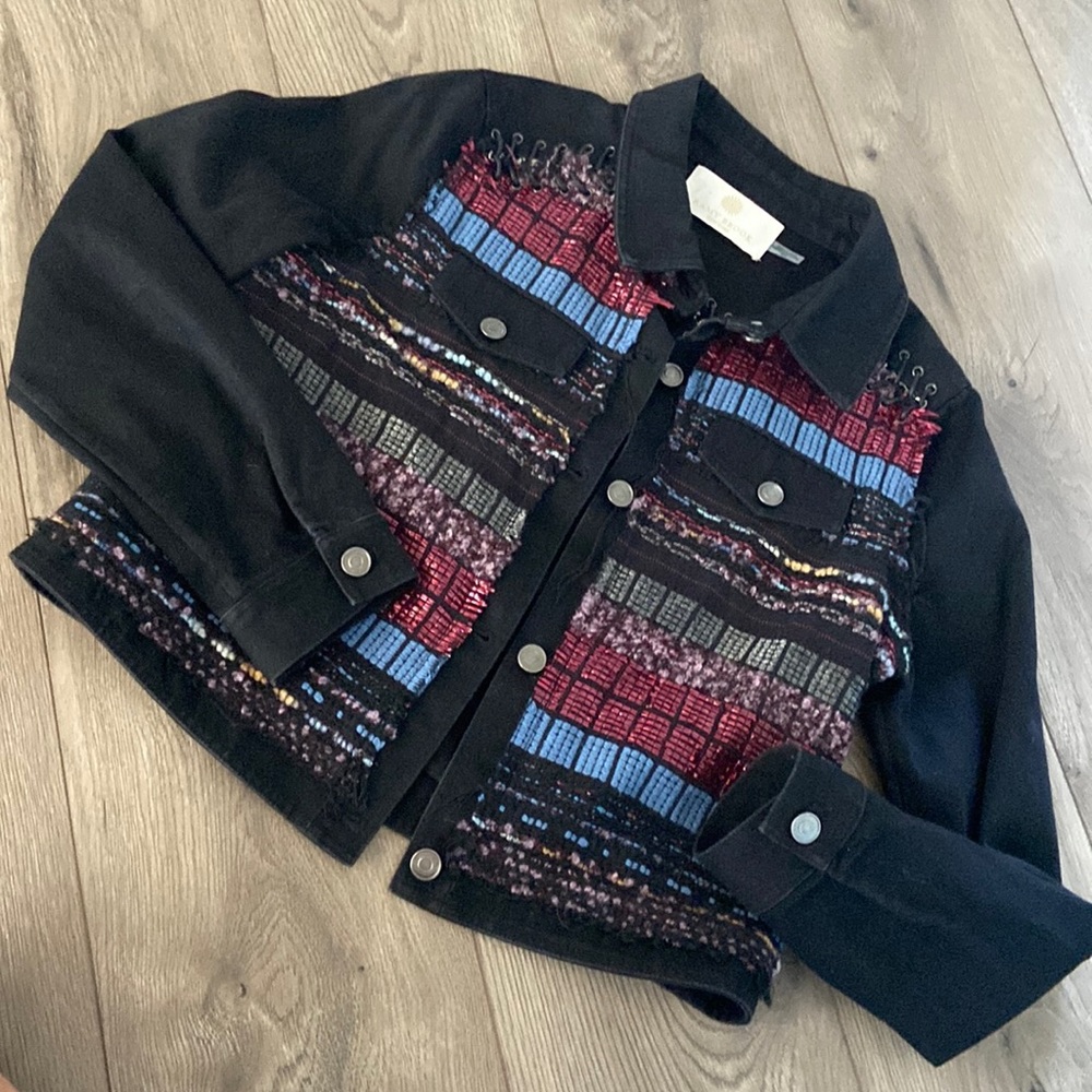 Ramy Brook Black Jean Jacket with Red and Blue Patterned Panels